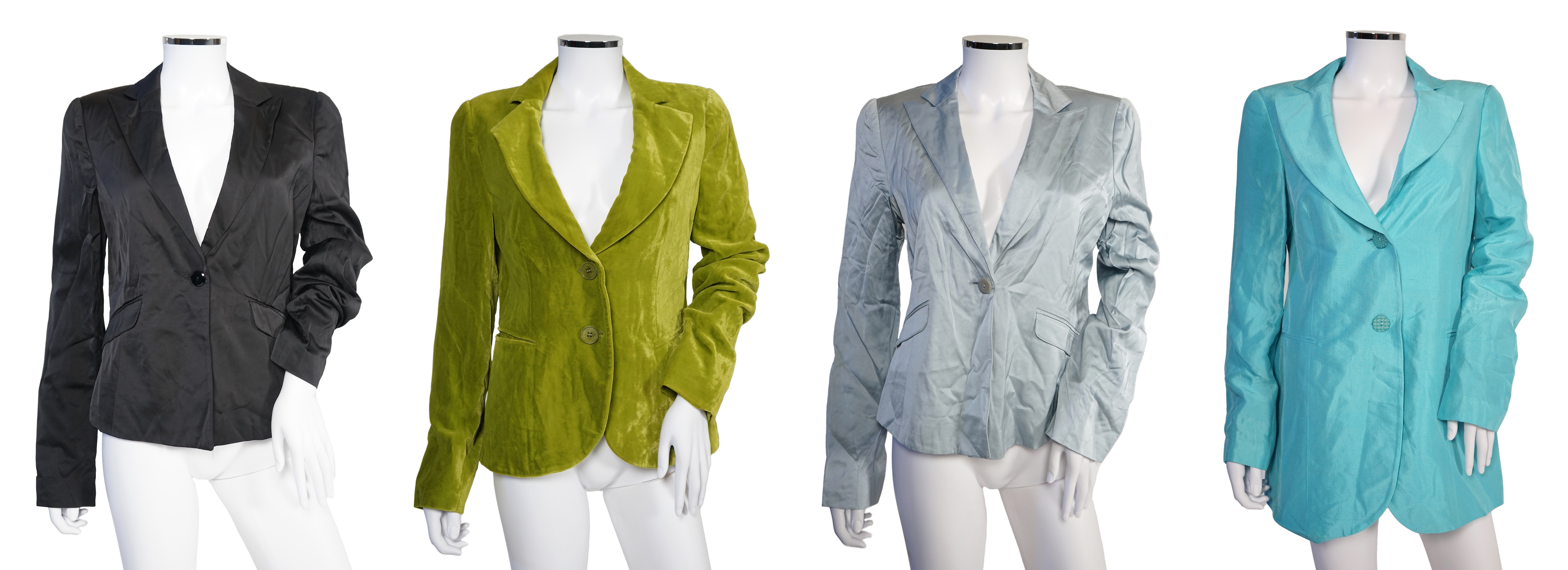 Four Emporio Armani lady's jackets, light blue silk size EU 46, all the others size EU 44